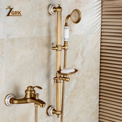 Brass Luxury Bathroom Shower Antique Bronze Finished Wall Mounted Lifting Bathroom Shower Mixer Set Portable Shower