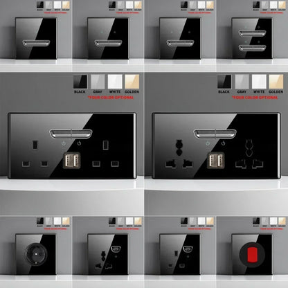 British French Standard Tempered Glass Switch Socket with Indicator Light Self-Reset 1 2 3 4 Gang Wall Panel Outlets 2usb Socket