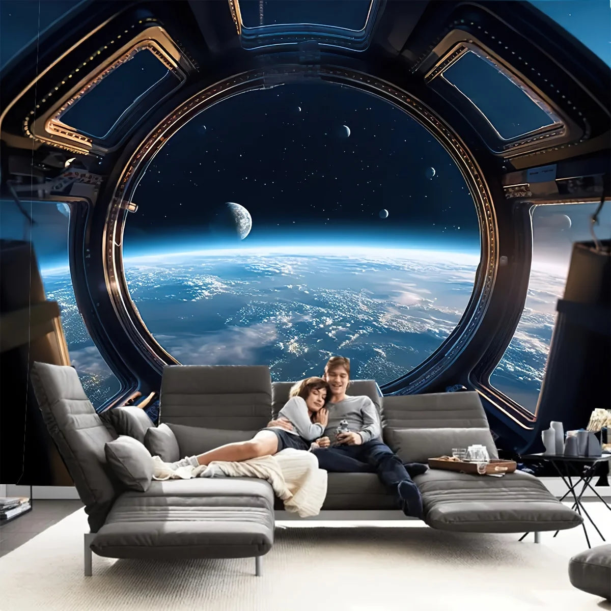 VIKAMA spacecraft porthole tapestry showcasing a couple relaxing in a living room with a starry sky backdrop.
