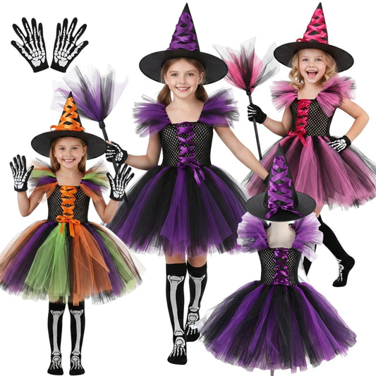 2026 Girls Witch Tutu Dress Halloween Cosplay With Hat Costume Carnival Vestidos Kids Party Cosplay Dress Children Costume