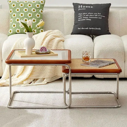 Nordic Rattan Combination Coffee Sofa Table Set Stainless Steel Solid Wood Glass Combination Modern Simple Style Wood Tables
