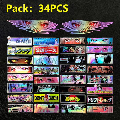 32PCS Random Laser Anime Beauty Eye Stickers Motorcycle Car Bike Helmet Tank Racing JDM Logo Accessories Decals DIY Sticker Pack