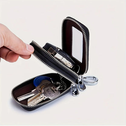 High-End Double Layer Zipper Car Key Holder Leather Key Case Large Capacity Universal Men Women Key Pouch with Keychain