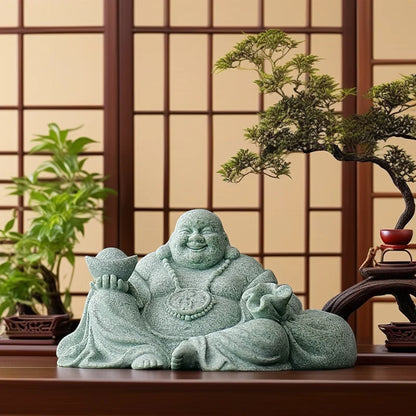 Green Sandstone Laughing Buddha Statue Chinese Buddhist Figures Zen Buddha Home Room Office Wealth Luck Feng Shui Decor