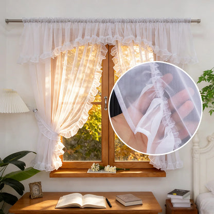1PC Rod Pocket White Ruffle Edge Sheer Curtain, Light Filter Window Drape, For Kitchen Living Room, Sweet Housewarming Gift