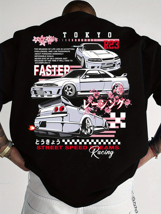Men Summer Fashion T-Shirt  Japanese  Cherry  Blossoms and Racing Car  Pattern - Loose Fit - Breathable and  Comfortable  Fabric