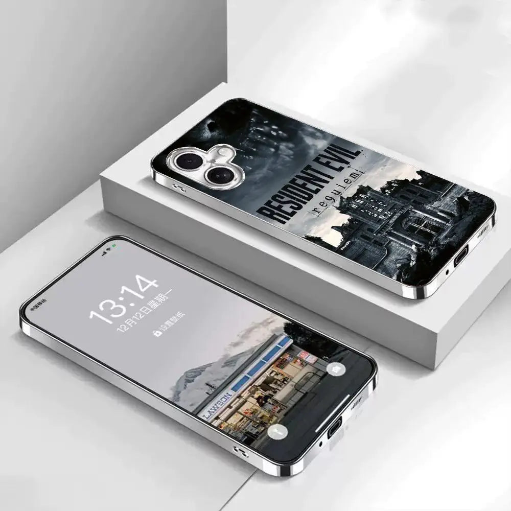 R-Resident Evil 9 Phone Case For IPhone 17 16 15 14 13 12 Pro Max Plus Electroplated Metal Bumper Case Tempered Glass Back