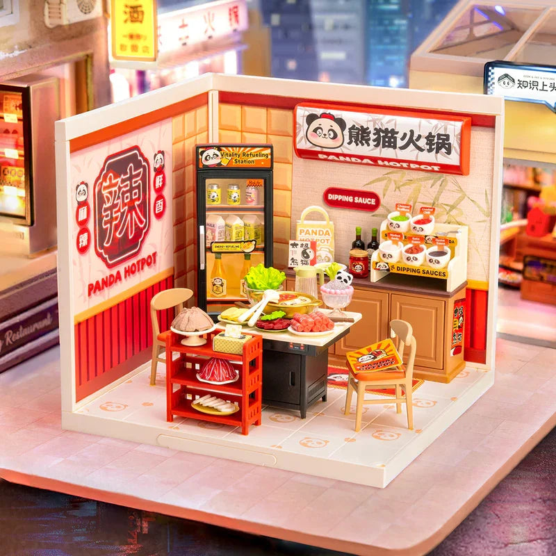 Rolife DIY Miniature House Kit Model Building Craft Kit with LED for Adults Kids Panda Hot Pot and Night Out Food Stall