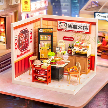 Rolife DIY Miniature House Kit Model Building Craft Kit with LED for Adults Kids Panda Hot Pot and Night Out Food Stall