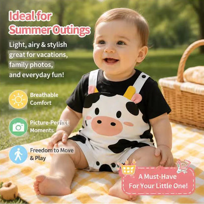 Newborn Baby Unisex Summer Cow Horn Fake Suspender Short Sleeve Spandex Stretch Wrinkle‑Resistant Daily Photo Jumpsuit 0‑18M