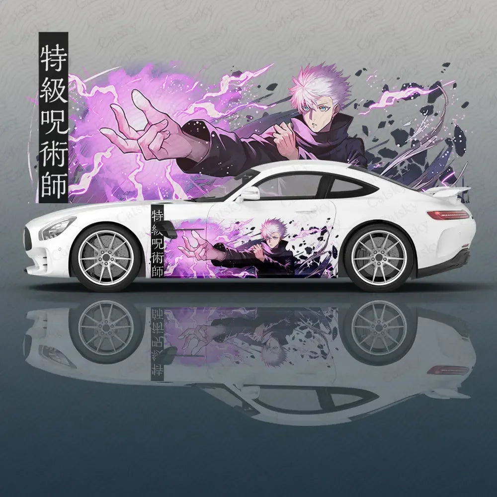 Jujutsu Kaisen car decal sticker featuring vibrant artwork on a white SUV, showcasing a character design with purple effects.