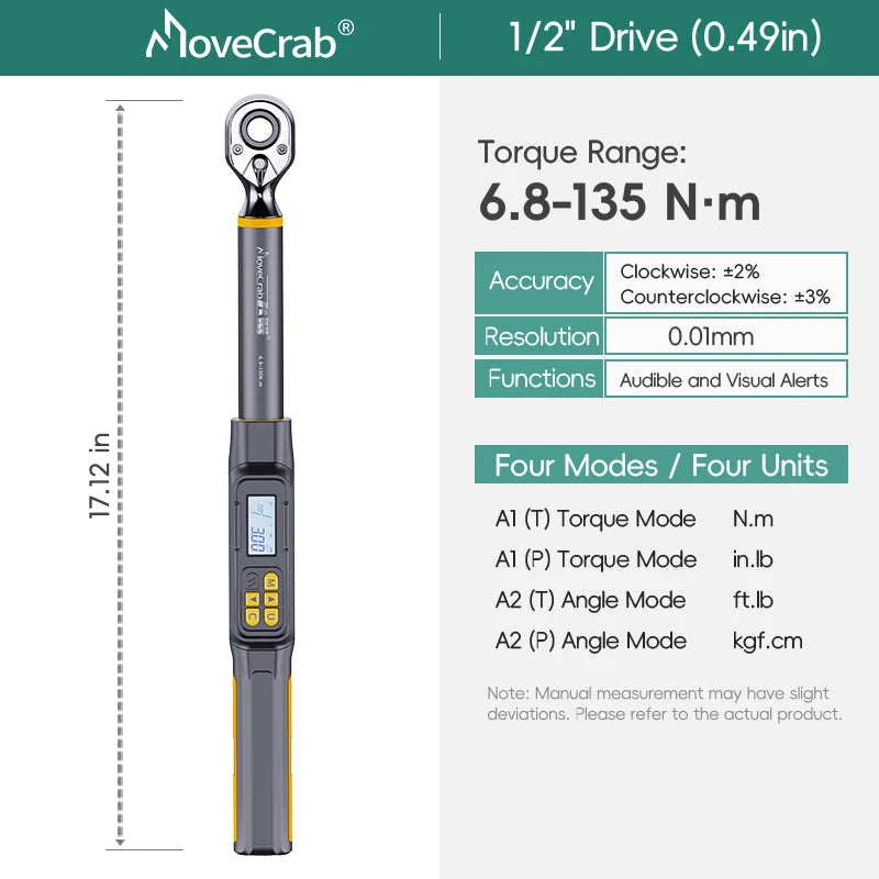 MoveCrab 3/8" 1/2" Drive Digital Angle Torque Wrench 3-340 N.m Angle Measurement 0.1°for DIY Auto Motorcycle Repair