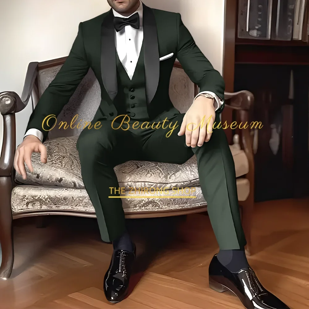 Classic Navy Blue Men's Suit 3-Piece Black Shawl Lapel Jacket Vest Pants Slim Fit Set for Wedding Cocktail Birthday Prom Party