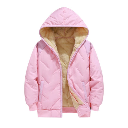 Dubbped Winter Keep Warm Boys Girl Jacket Lined With Velvet Thick Cotton Padded Hooded Coat Kids Children Out The Cold Outerwear