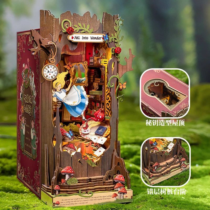 Robotime Book Nook Kits Fall into Wonder DIY Booknook with Lights Miniature House Kit Puzzle Bookend Bookshelf Decor Gift