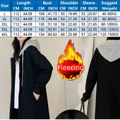 Plus Size Hooded Zip-Up Long Coat Winter Thick Hoodie Fleece Women's Oversize Jacket Casual Black Outerwear Patchwork All-match