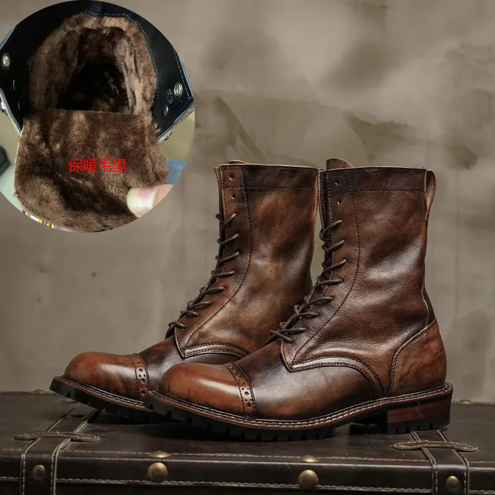 Men's Cow Genuine Leather Motorcycle Boots Brogue Shoes Retro High Round Toe Mid-calf Western Cowboy Chelsea Boots Brown