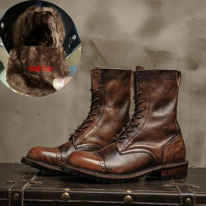 Men's Cow Genuine Leather Motorcycle Boots Brogue Shoes Retro High Round Toe Mid-calf Western Cowboy Chelsea Boots Brown