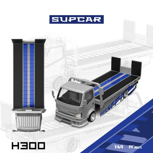 SUPCAR 1/64 Silver Blue Stripe Graphic H300 Flatbed Trailer Alloy Mini Transport Truck High Detail Display Model Collection Gift