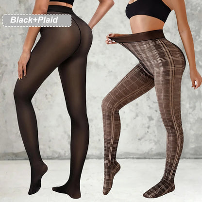 2 Packs Women Fleece Lined Leggings Outfit Fake Translucent Black Tights Seamless Pantyhose Butterfly Leopard Jacquard Design