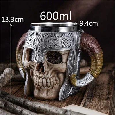 600ml Viking Skull Mug Stainless Steel Coffee Mugs Travel Cup Horn Drinking Tea Mug Halloween Decoration Ceramic Tiki Mug