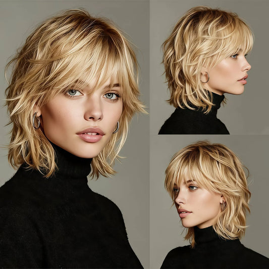 Long Pixie Cut Synthetic Wig Honey Blonde Straight Layered Hair with Bangs, Laceless Design, Heat-Resistant Fiber, Role-Playing