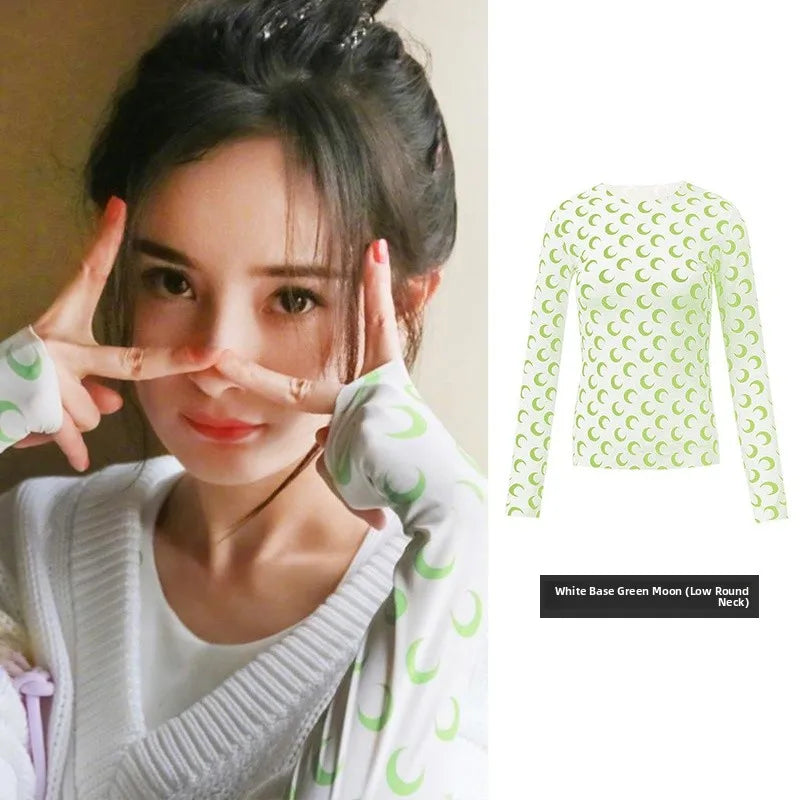 Ice Silk Two Piece Set Womens Sun Protection Clothes Long Sleeve Moon Print Top and Pants American Retro Sexy Autumn New