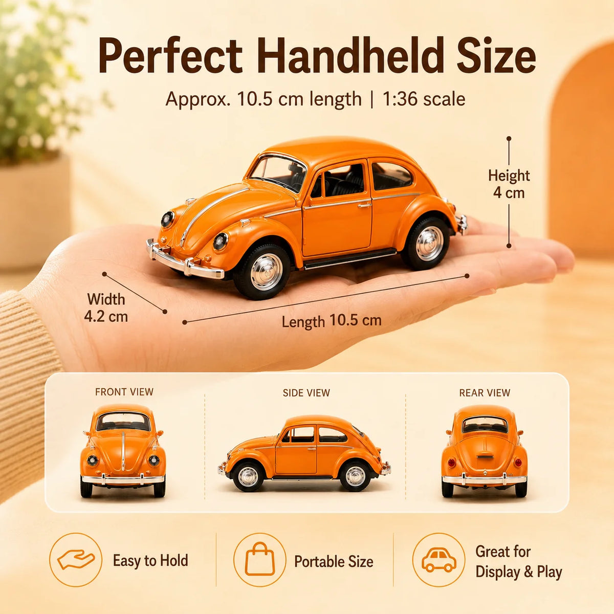 MQUDUO 1:36 Orange Classic Beetle Style Diecast Car Model, Pull Back Vehicle with Openable Doors and Detailed Interior for Decor