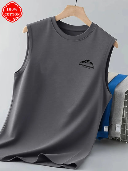 100% cotton men's summer sleeveless top Minimal Mountain Graphic Sleeveless Tee Soft Cotton Daily Wear Streetwear Tank Vest-T76