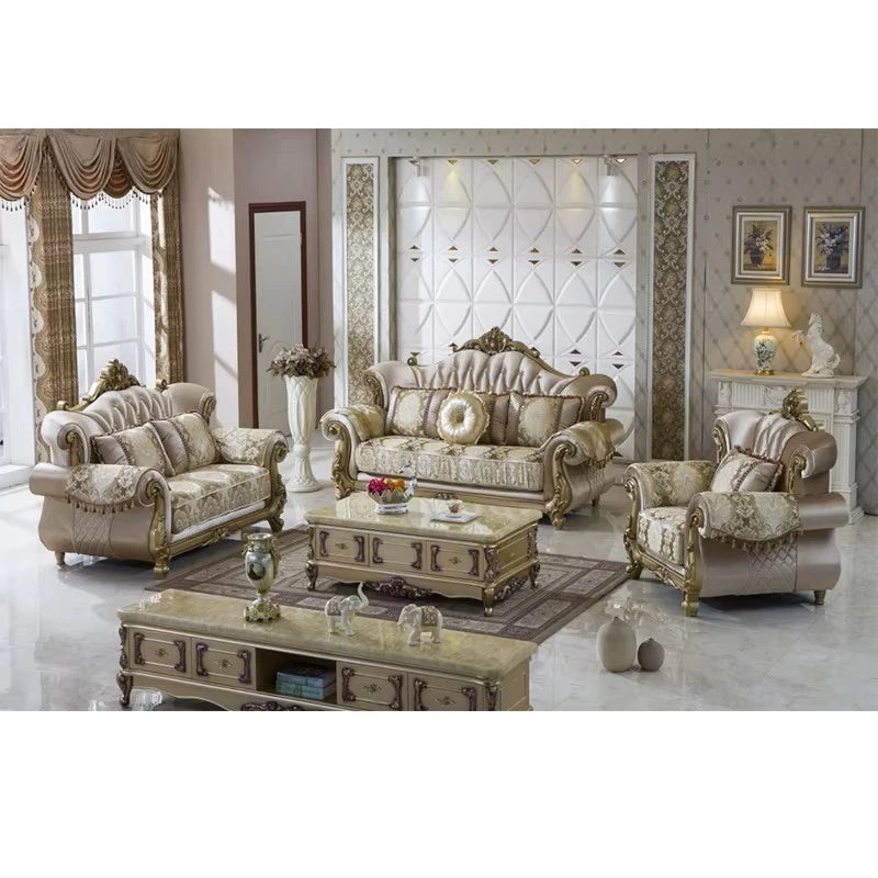 &European Luxury 1 2 3 Seater Fabric Couches Sofa Set Villa Home Furniture Classic Royal Solid Wood Sectional Living Room Sofas
