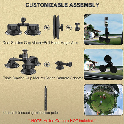 Suction Car Mount for Insta360 x4, x3, x2, x,One RS,R for GoPro Camera 5 in 1 Suction Mount Kit for Action Cameras Selfie Stick