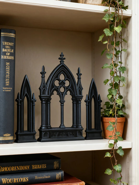 3pcs Gothic Style Castle Shape Tabletop Ornament, Black Wooden Cathedral Arch Book Ends, Vintage Home Office Shelf Decor Gift