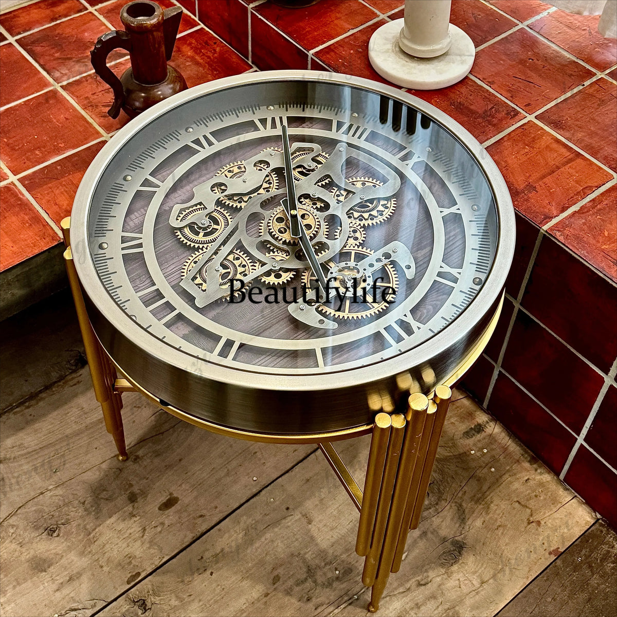 Retro high-end light luxury Nordic style clock gear American living room sofa side table small coffee table tempered glass