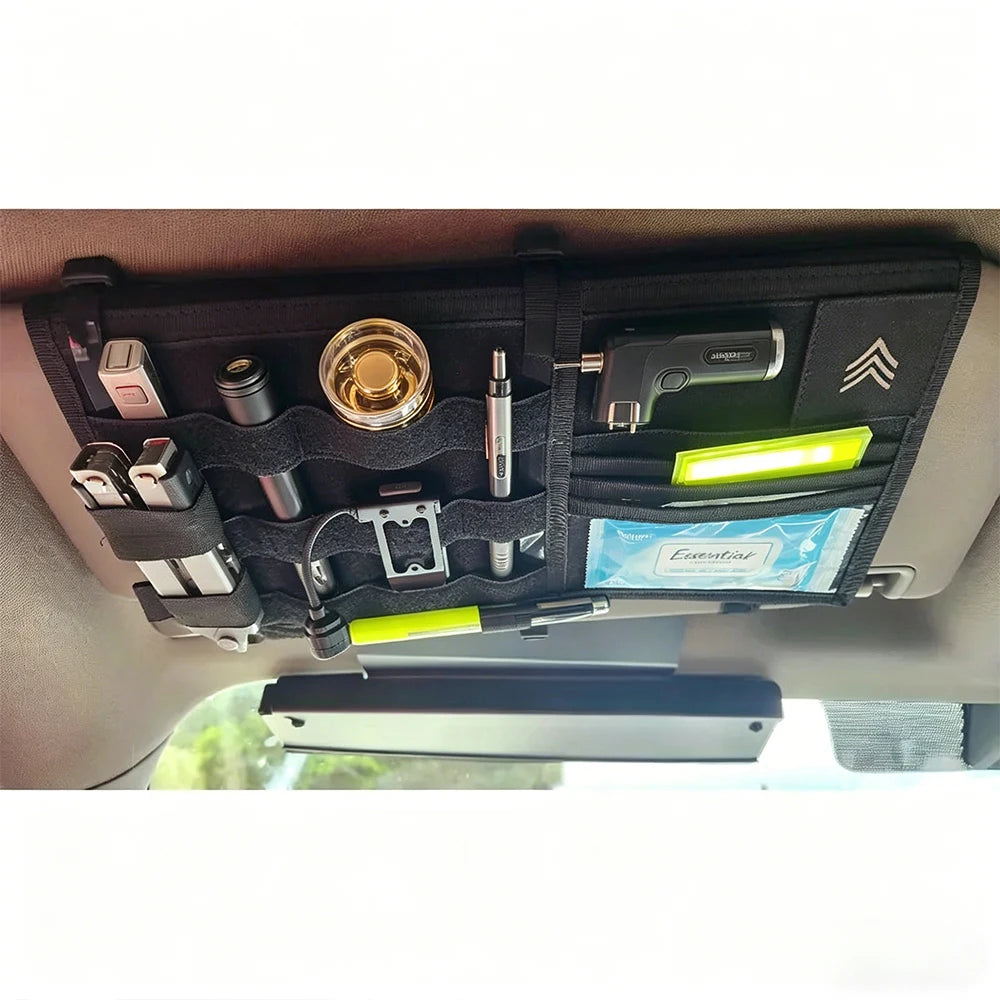 Tactical Car Sun Visor Organizer, Molle Webbing Storage Pouch, Multi-Pocket Auto Interior Holder for Cards Pens Tools