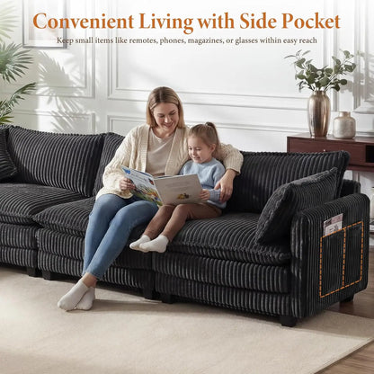 143" L Shape Modular Sectional Sofa Corduroy Upholstery Cloud Living Room 3 Seat Movable Ottoman Pillows Dark Grey Custom