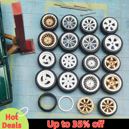 Kicarmod 1/64 Model Car ABS Wheels with Rubber Tire Metal Rims Front Small Rear Large Refitting Parts For Model Car