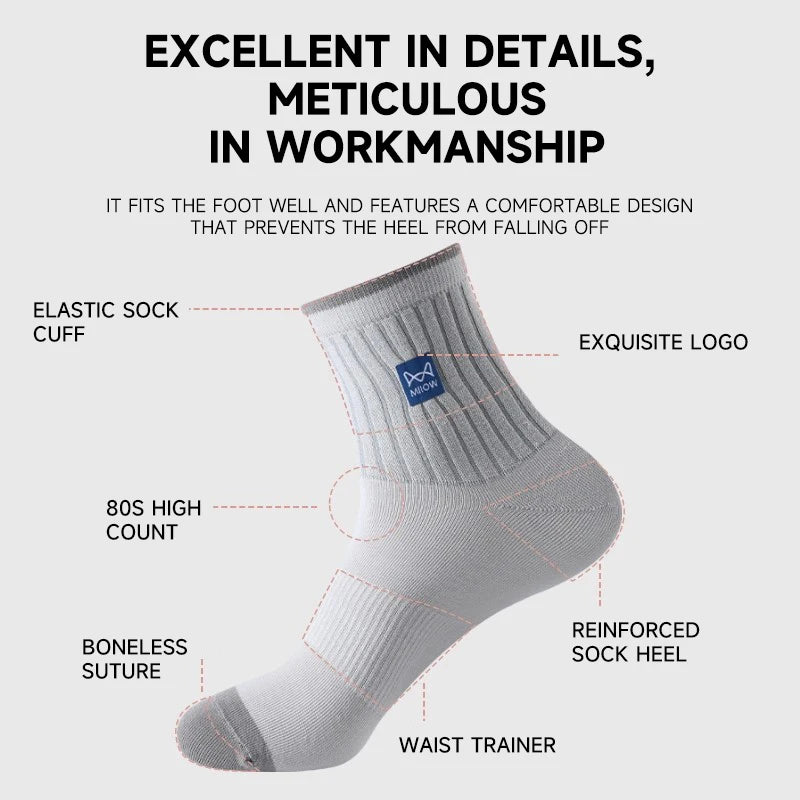 MiiOW 100% Pure Cotton Socks Men Business Dress Sock Anti Odor Crew Socks Antibacterial Breathable Sports Long Sock Black White