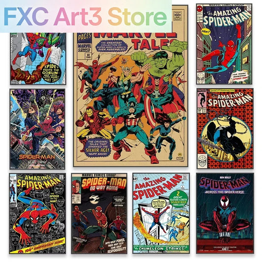 Frameless Marvel Classic Poster Spiderman Prints Avengers Movie Cartoon Vintage Canvas Painting Comic Book Pictures Kid Living R