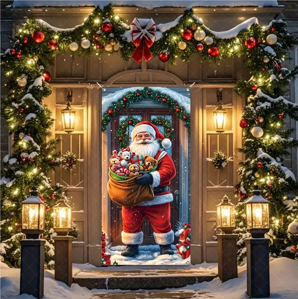 Christmas Theme Santa And Elk Backdrops Snowman Hanging Door Banner Indoor Outdoor Veranda Xmas Curtain Cover Festive Supplies