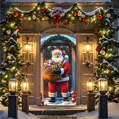 Christmas Theme Santa And Elk Backdrops Snowman Hanging Door Banner Indoor Outdoor Veranda Xmas Curtain Cover Festive Supplies