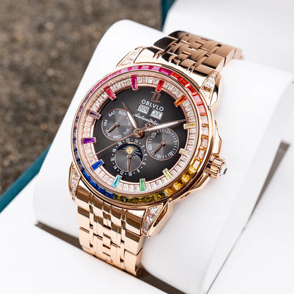 OBLVLO Men's Multifunctional Mechanical Watch with Colorful Zircon Moonphase Elegant Rose Gold Bracelet Band GCM-MUT