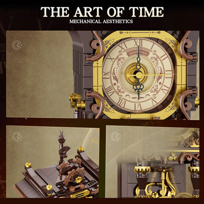 Steampunk Style Mechanical Clock Building Blocks Brown Gold Gear Model Detailed Roman Numerals DIY Toy Collectible Ornament Gift