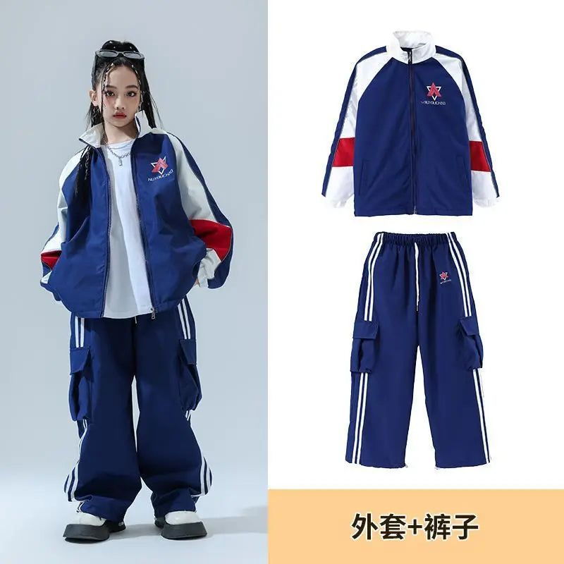 Kid Cool Hip Hop Clothing Navy Blue Zip Up Windbreaker Jacket Coat Top Casual Wide Pants for Girl Boy Jazz Dance Costume Clothes