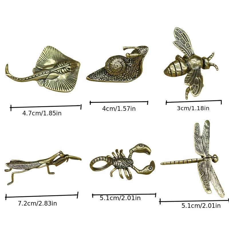 Set of 6 Solid vintage Brass Multi-Style Ornaments, Creative Sculptures of Animals and Plants