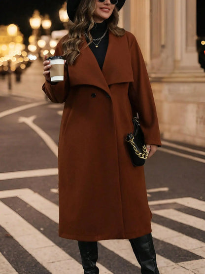 Caramel Brown Mid-Length Lapel Wool Blend Coat, Fall Winter Oversized Elegant Plus-Size Woolen Outerwear