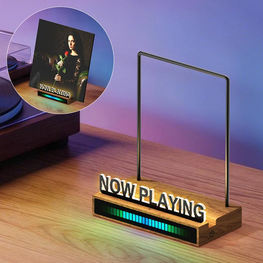 Now Playing Vinyl Stand with RGB Pickup Rhythm Light, Wooden Record Holder, Sound Reactive LED Display for Music Room Decor