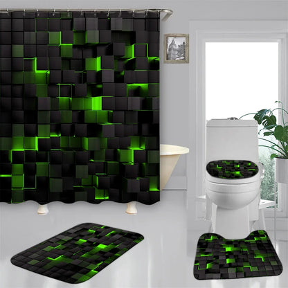 4-piece set of technological blue and black checkered printed waterproof shower curtains with 12 hooks, bathroom floor mats