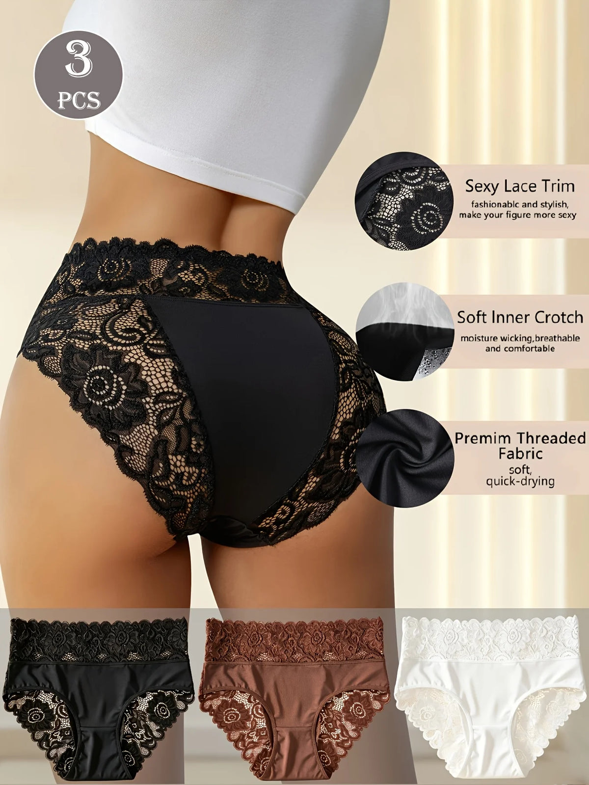 3pcs Women's High-Waist Briefs Lace Trim Soft Breathable Underwear, Solid Color Panties Suitable for All Seasons, Daily Wear
