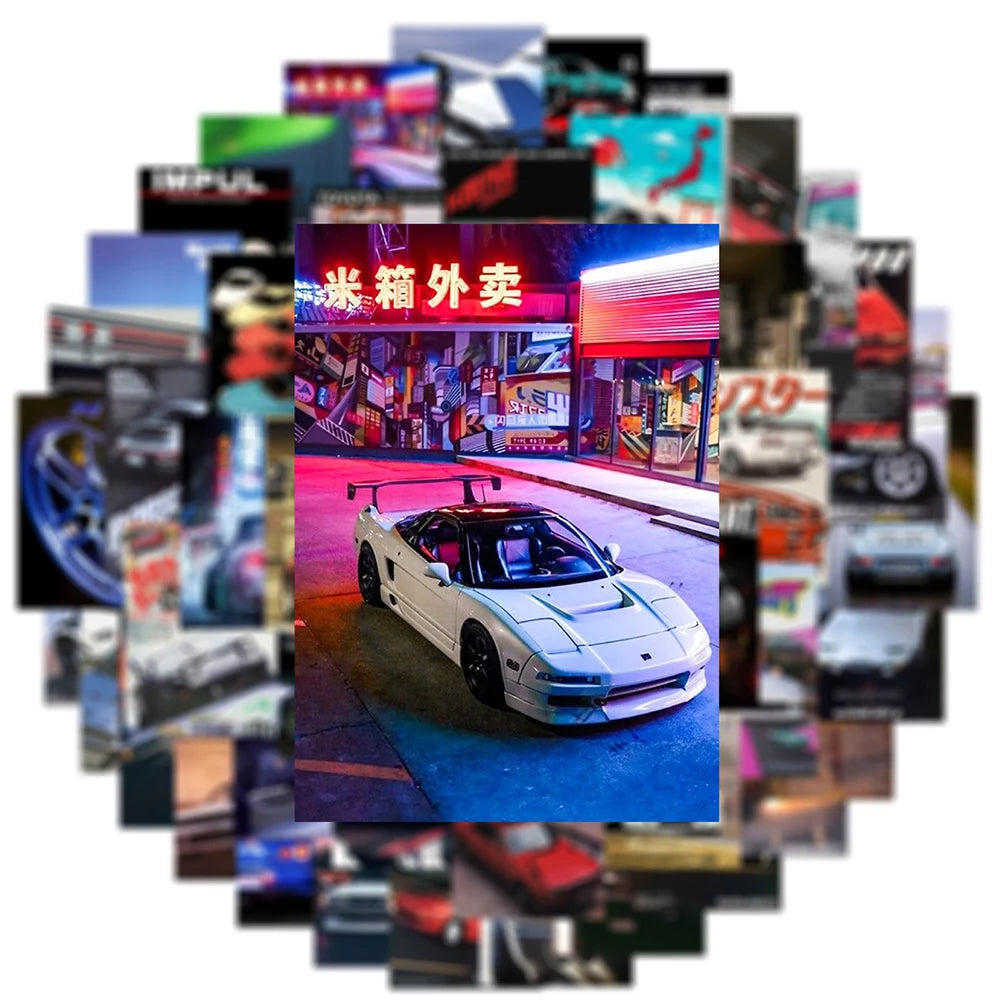 50pcs Retro JDM Car Poster Stickers Cool Retrofit Racing Cartoon Graffiti Sticker Decals for Bag Motorcycle Phone Suitcase