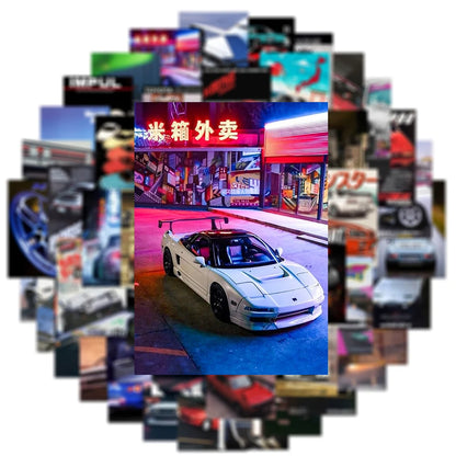 50pcs Retro JDM Car Poster Stickers Cool Retrofit Racing Cartoon Graffiti Sticker Decals for Bag Motorcycle Phone Suitcase
